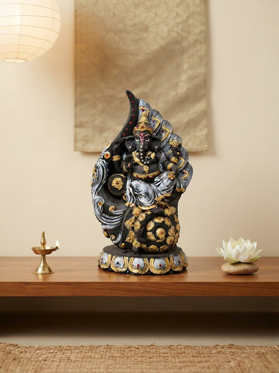 Black Gold Dancing Ganesha Statue 11.8" | Jewelled Hindu Decor