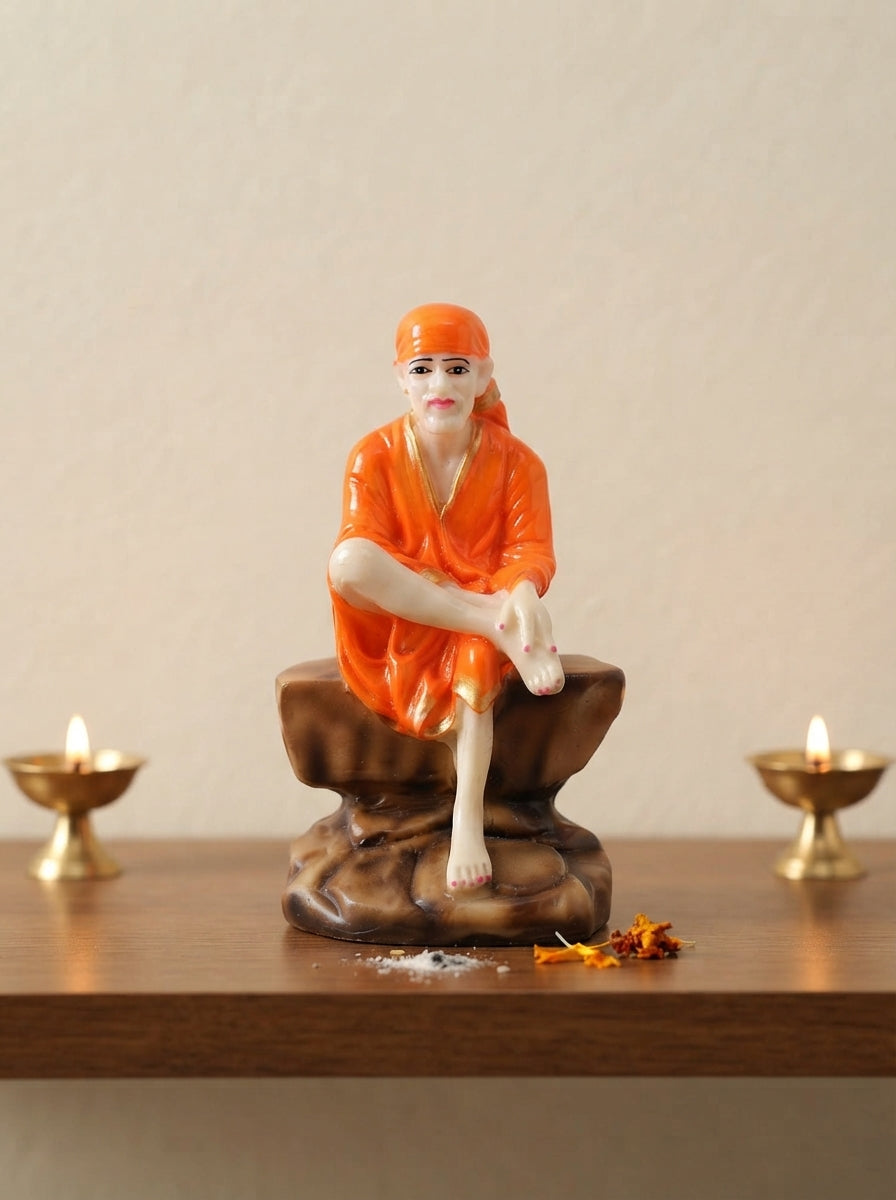 Sai Baba Statue 9.5" | White Marble Seated Figurine on Rock