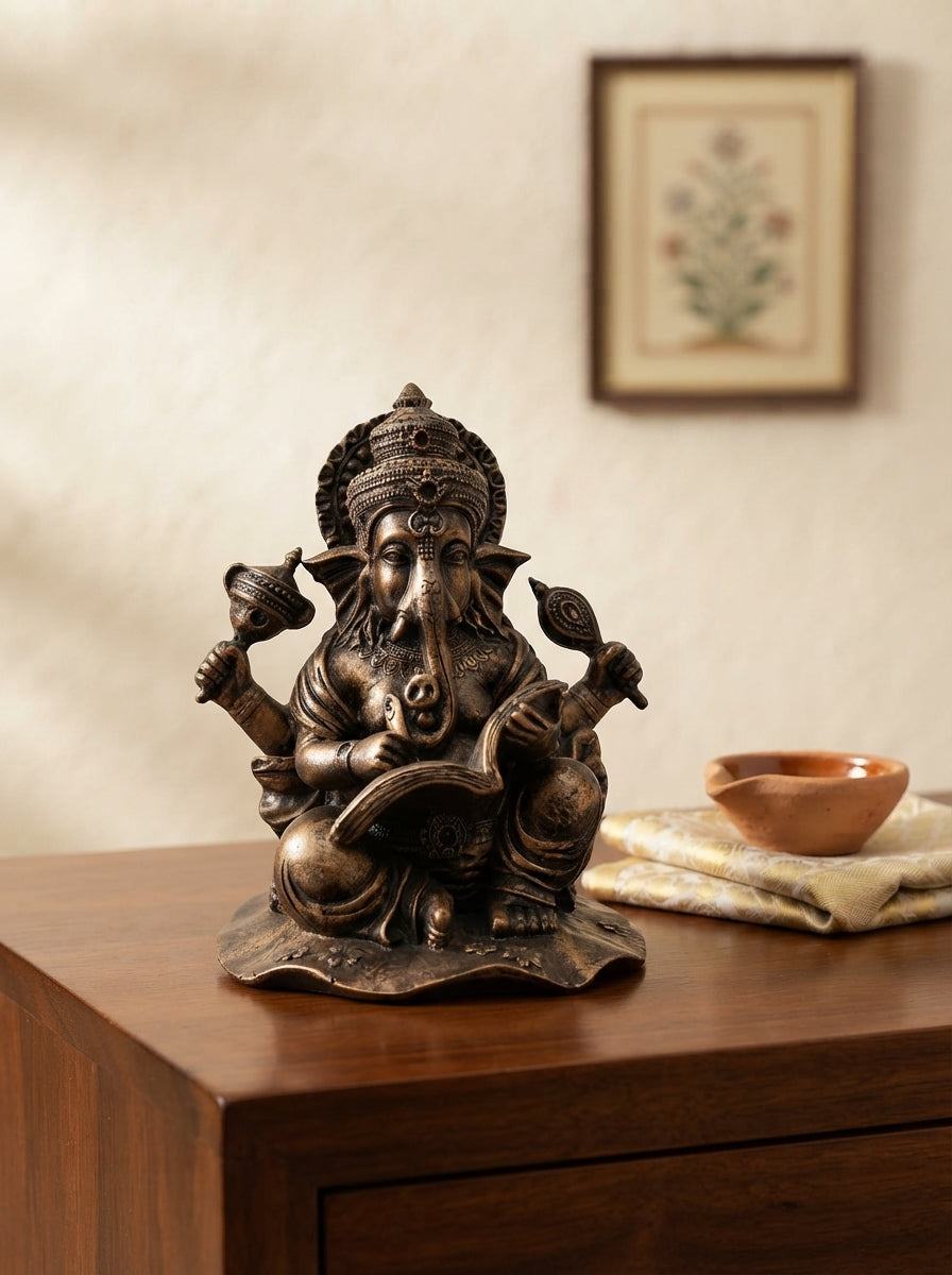 Antique Bronze Ganesha Statue with Scripture 9.5" | Silver Accent