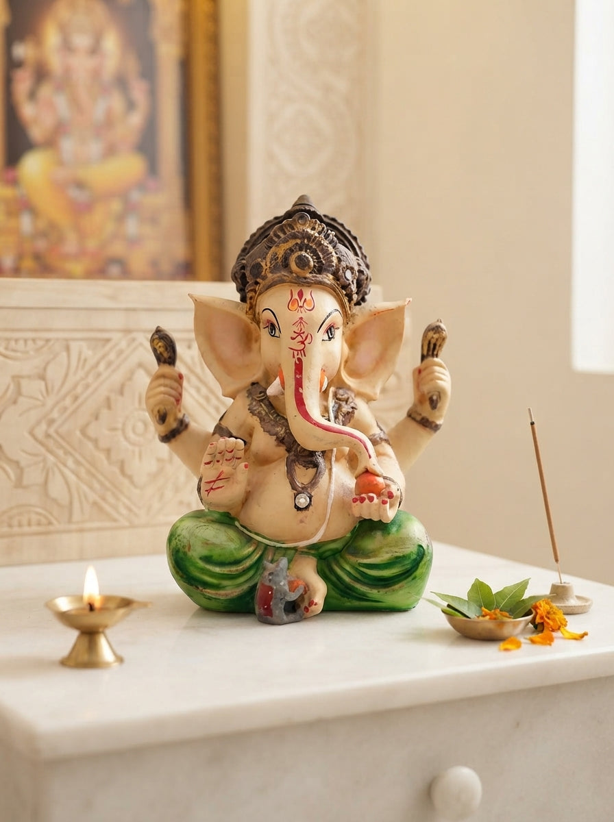 White Marble-Finish Ganesha Statue | Gold Crown Idol