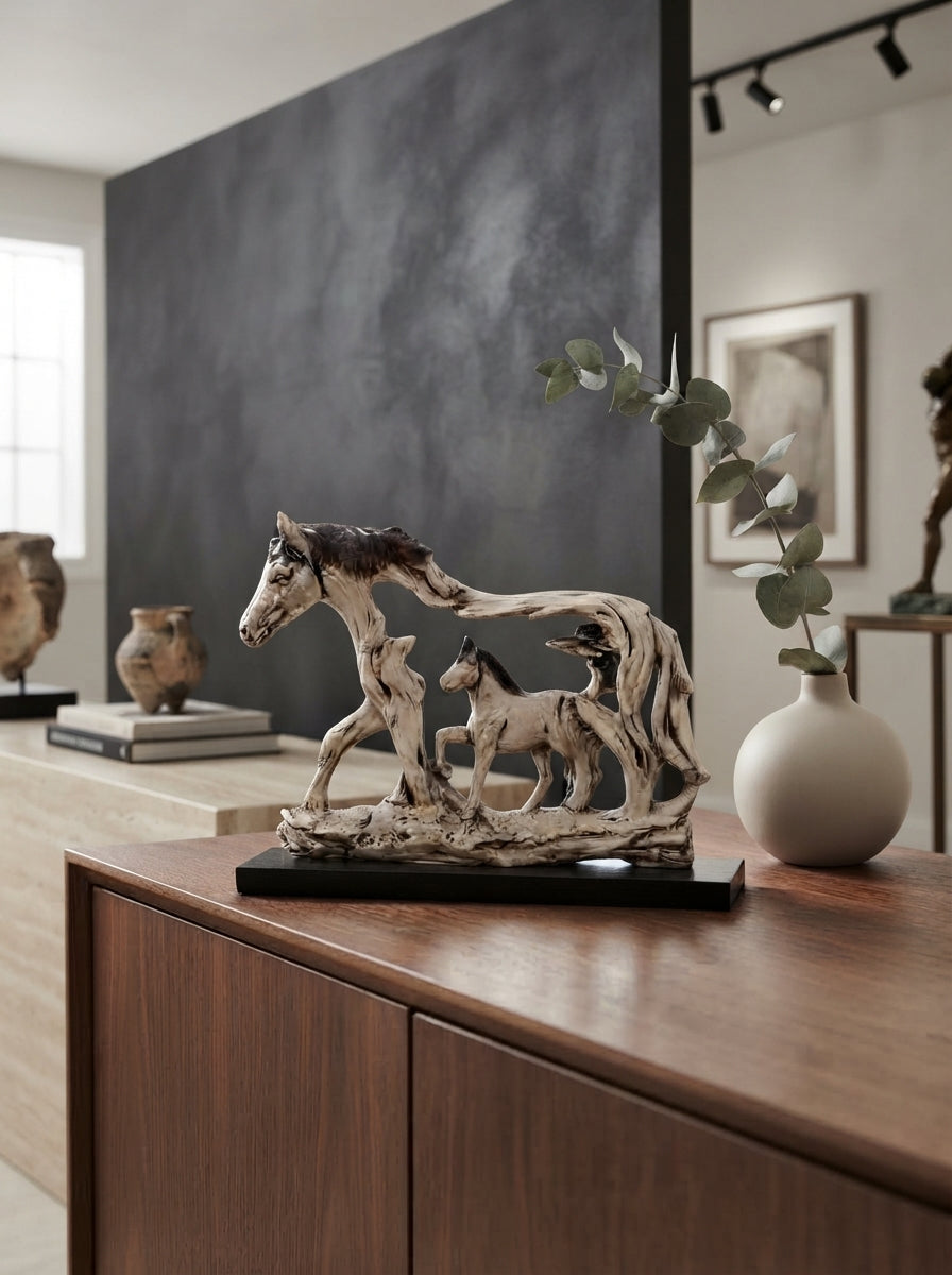 Mare and Foal Horse Statue | Silver Equestrian Sculpture