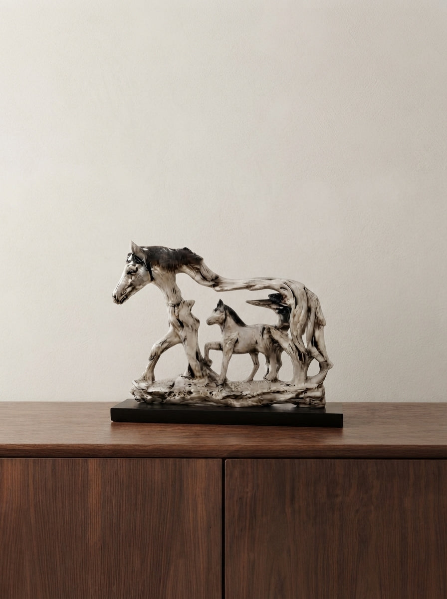 Mare and Foal Horse Statue | Silver Equestrian Sculpture