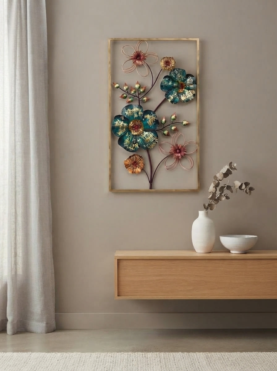 Framed Metal Flower Wall Art | Teal & Gold Floral Decor