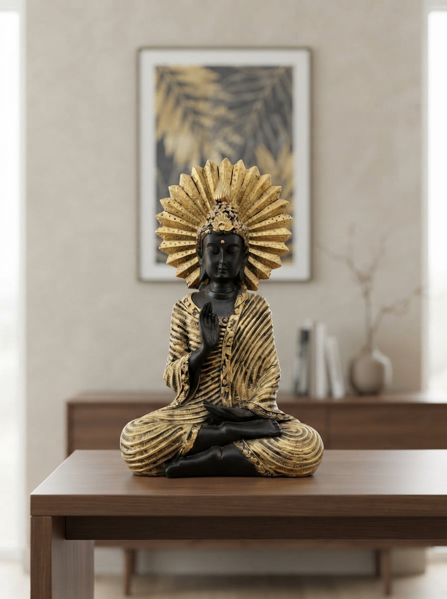 Buddha Statue Sunburst Halo | Black Gold Zen Decor Figurine