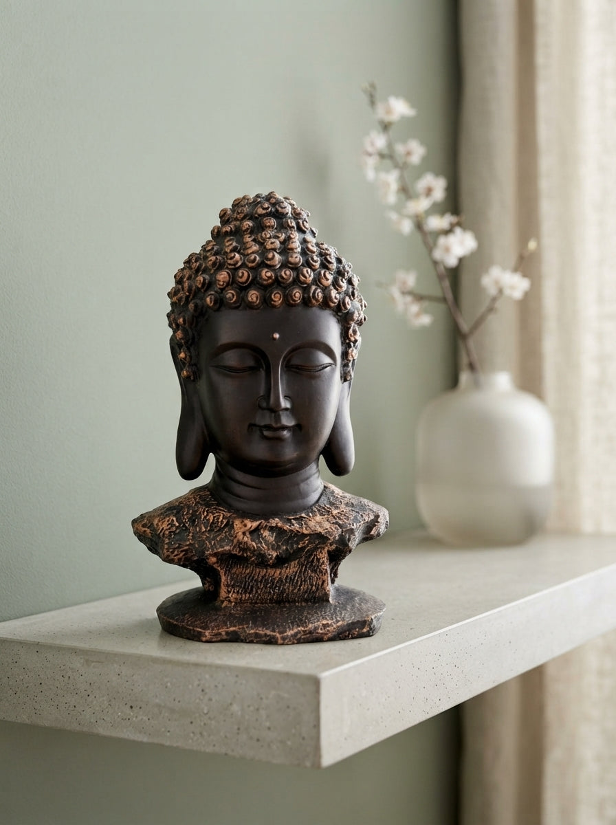Buddha Head Bust Statue 16" | Black Gold Serene Face Decor
