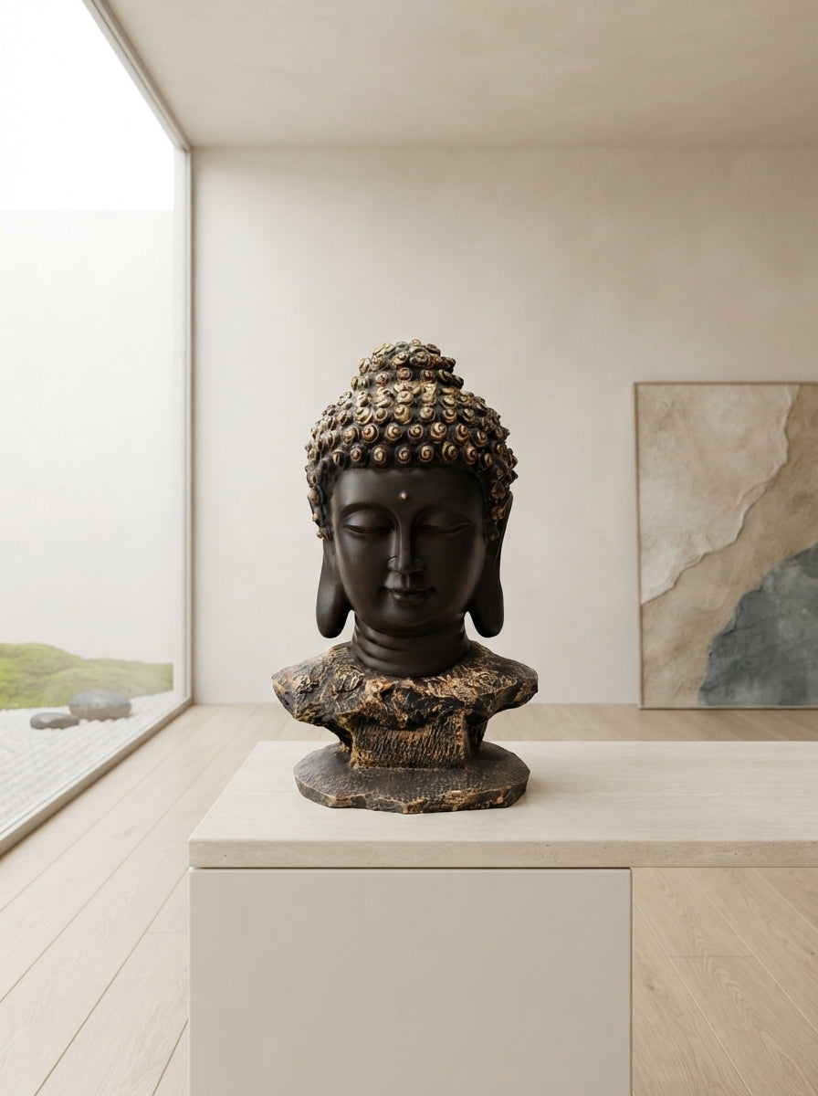 Buddha Head Bust Statue 16" | Black Gold Serene Face Decor