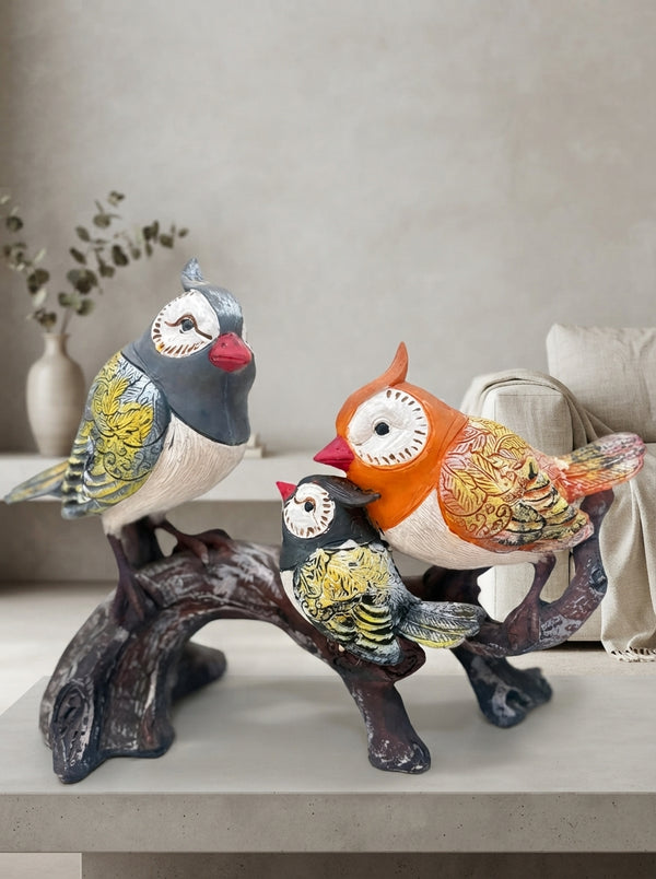 Colorful Owl Family Statue | Hand Painted Branch Figurine