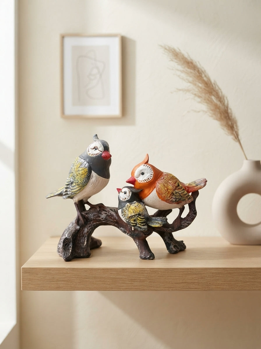 Colorful Owl Family Statue | Hand Painted Branch Figurine