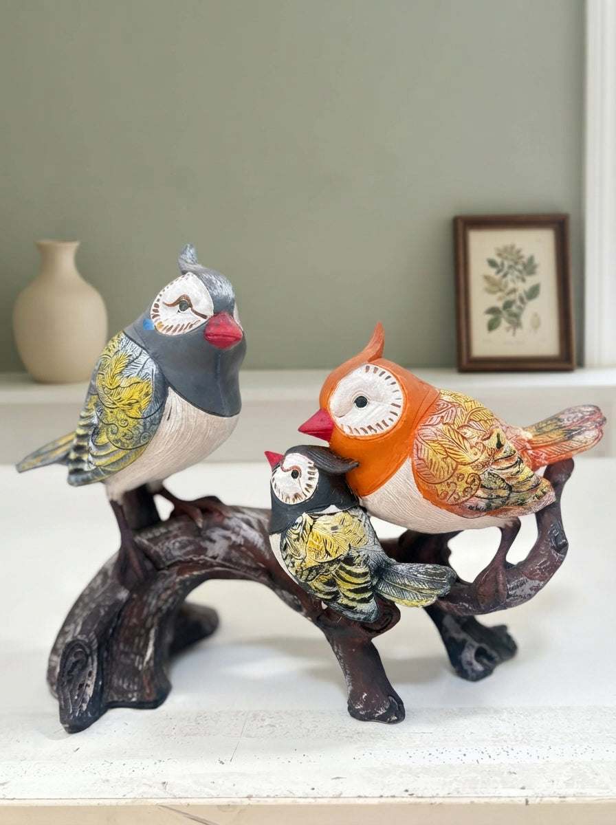 Colorful Owl Family Statue | Hand Painted Branch Figurine