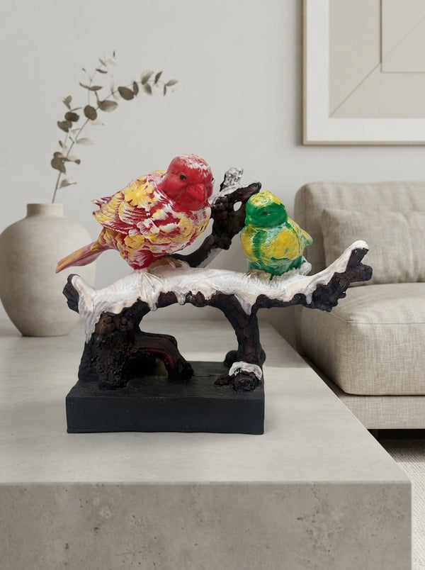 Colorful Birds on Snowy Branch Statue | Winter Bird Decor