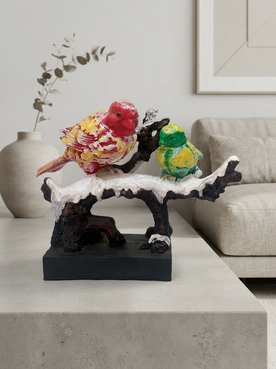 Colorful Birds on Snowy Branch Statue | Winter Bird Decor