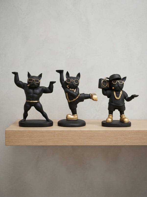 Gangster French Bulldog Statue Set | Black Gold Dog Figurine