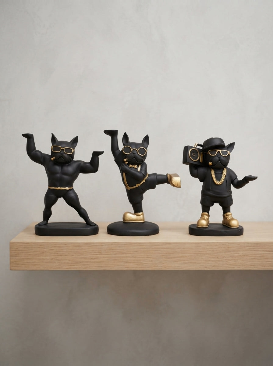 Gangster French Bulldog Statue Set | Black Gold Dog Figurine
