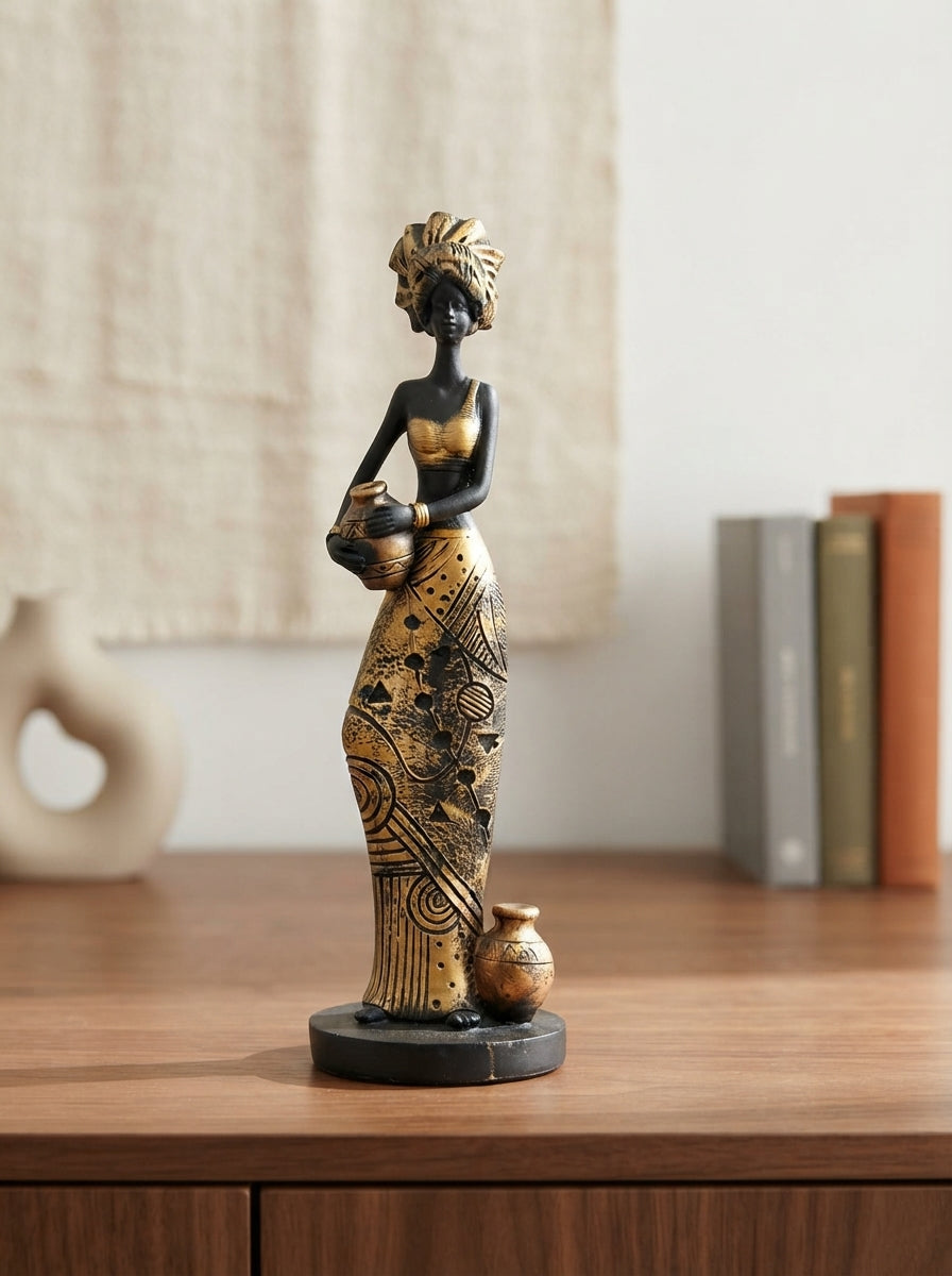 African Woman Statue with Pots 11.8" | Black Gold Tribal Figurine
