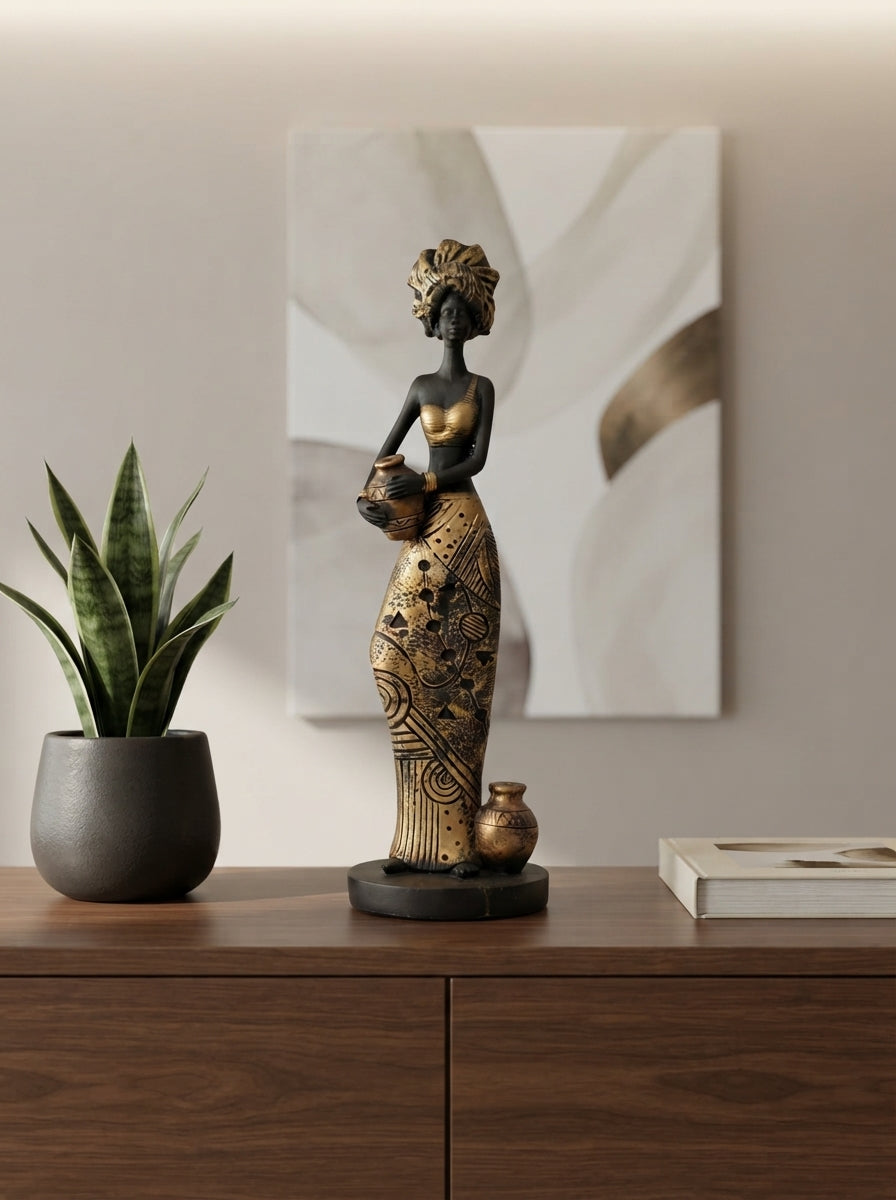 African Woman Statue with Pots 11.8" | Black Gold Tribal Figurine
