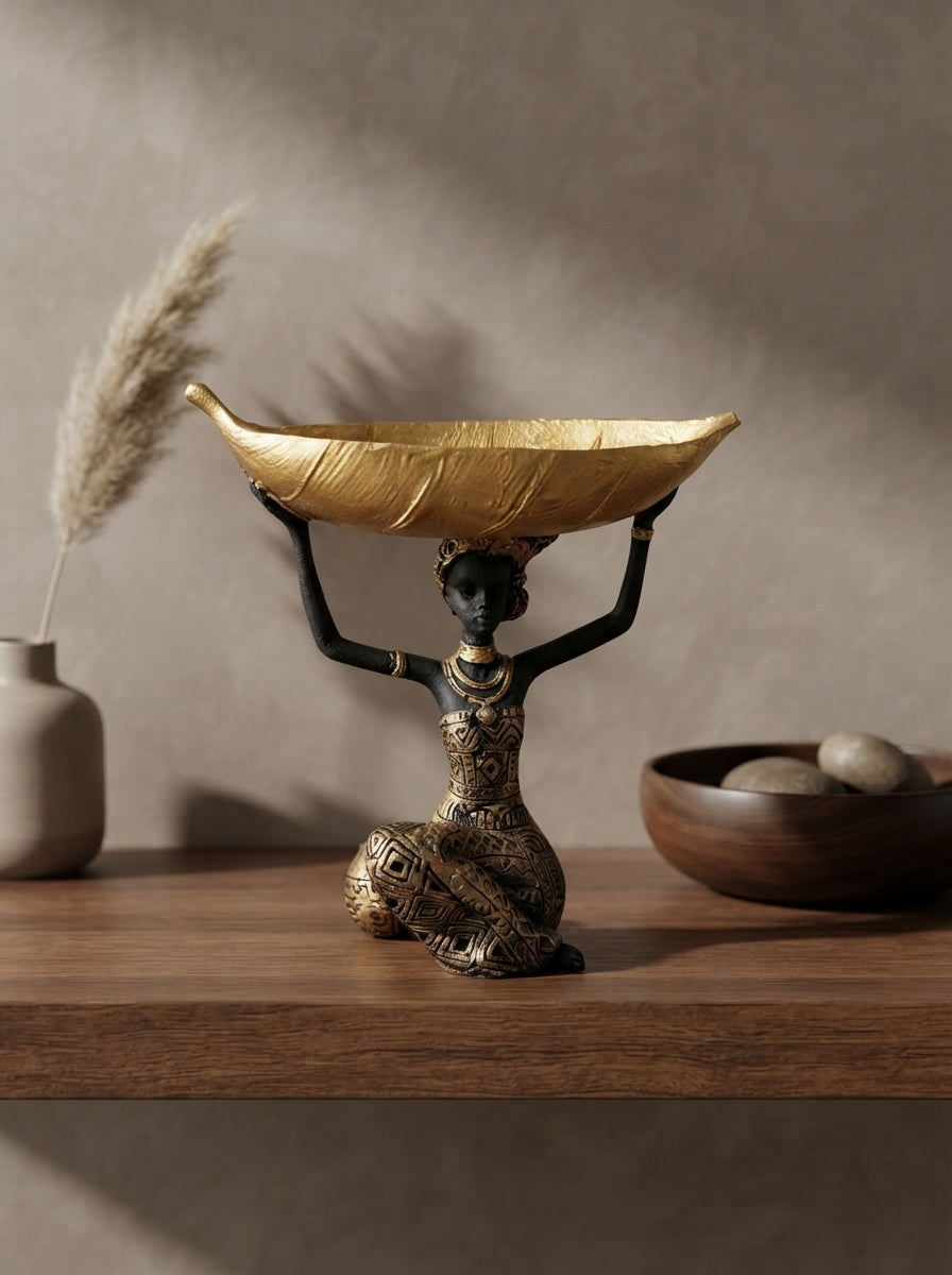 African Woman Statue Bowl Holder 21” | Gold Tribal Trinket Tray