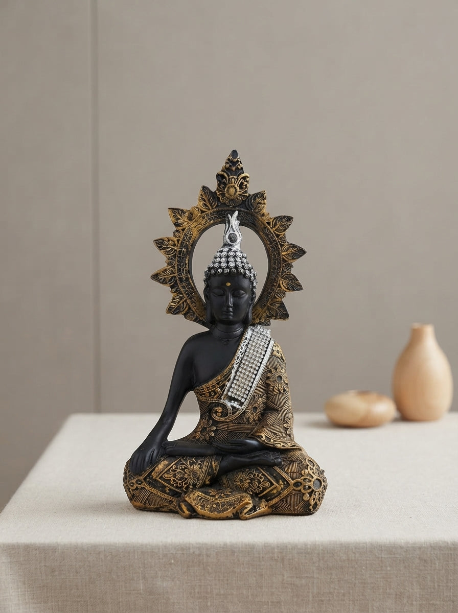 Sitting Buddha Statue with Halo 11.5" | Black Gold Zen Figurine