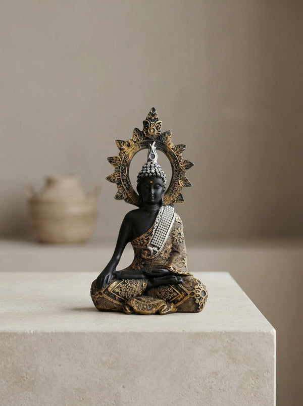 Sitting Buddha Statue with Halo 11.5" | Black Gold Zen Figurine