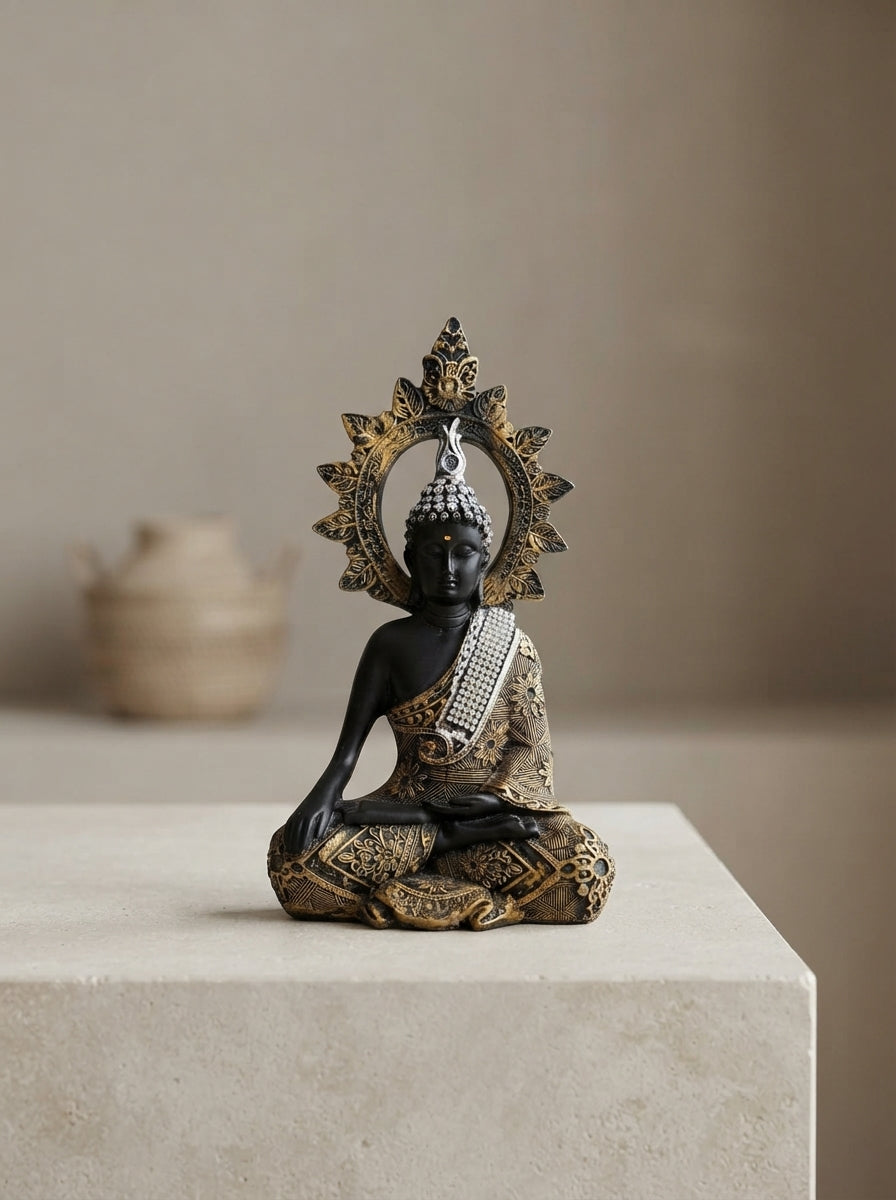 Sitting Buddha Statue with Halo 11.5" | Black Gold Zen Figurine