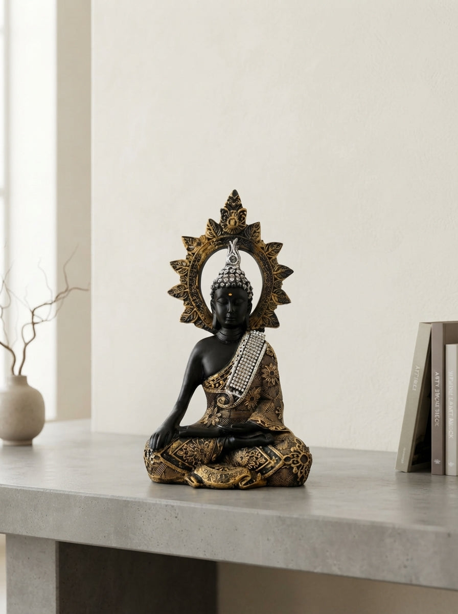 Sitting Buddha Statue with Halo 11.5" | Black Gold Zen Figurine