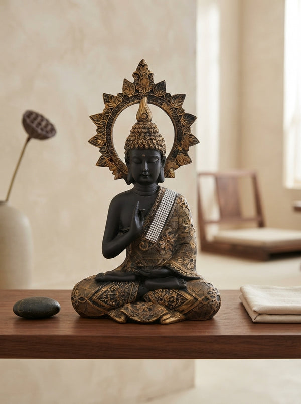 Meditating Buddha Statue with Halo 15.3"| Black Gold Zen Decor