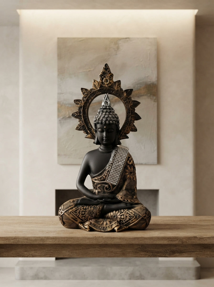 Meditating Buddha Statue Silver Crown 12.5" | Black Gold Halo Decor