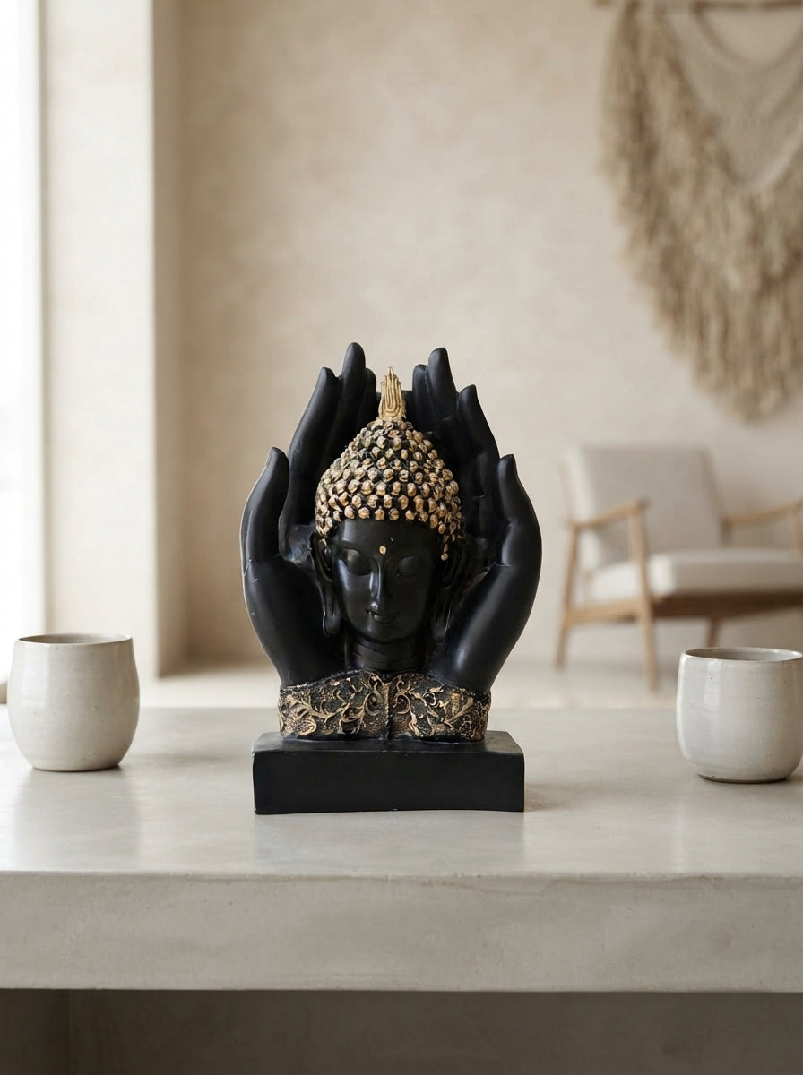 Buddha Face in Hands Statue | Black Gold Zen Sculpture