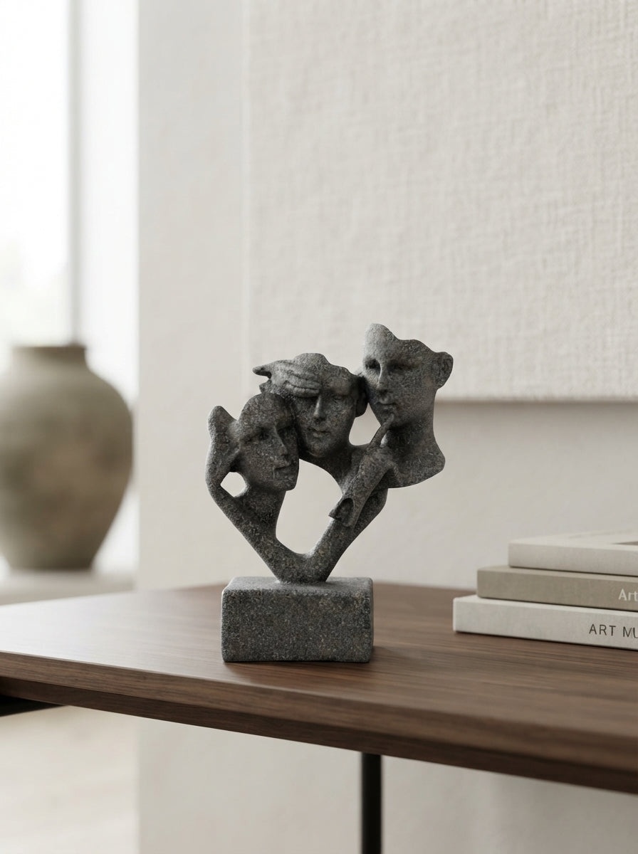 Three Faces Abstract Sculpture | Gray Stone Art Statue