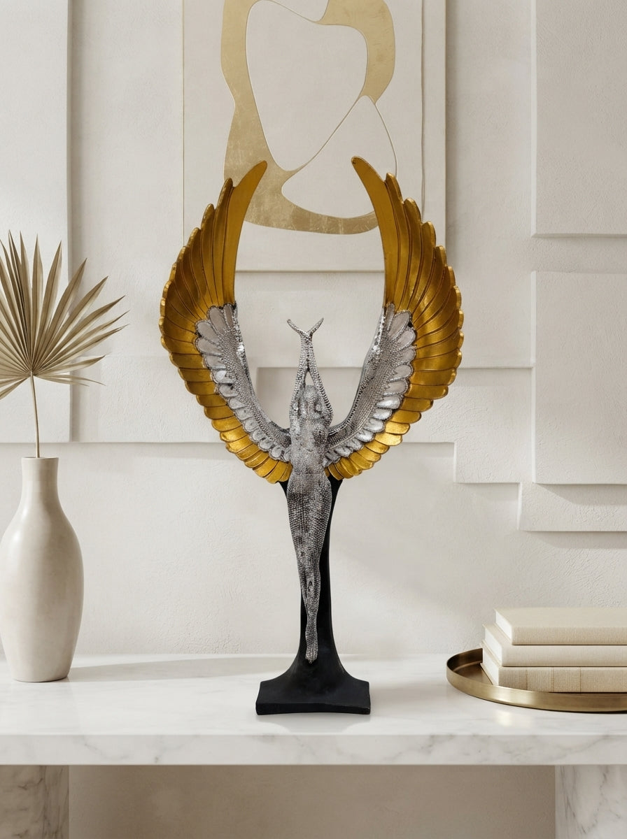 Angel Statue on Pedestal | Silver Gold Winged Sculpture
