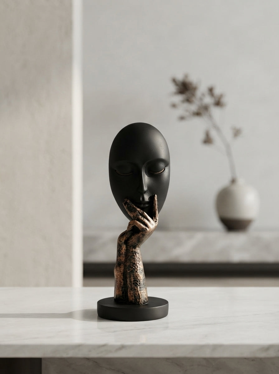 Thinking Face Statue with Hand | Black Modern Mask Decor