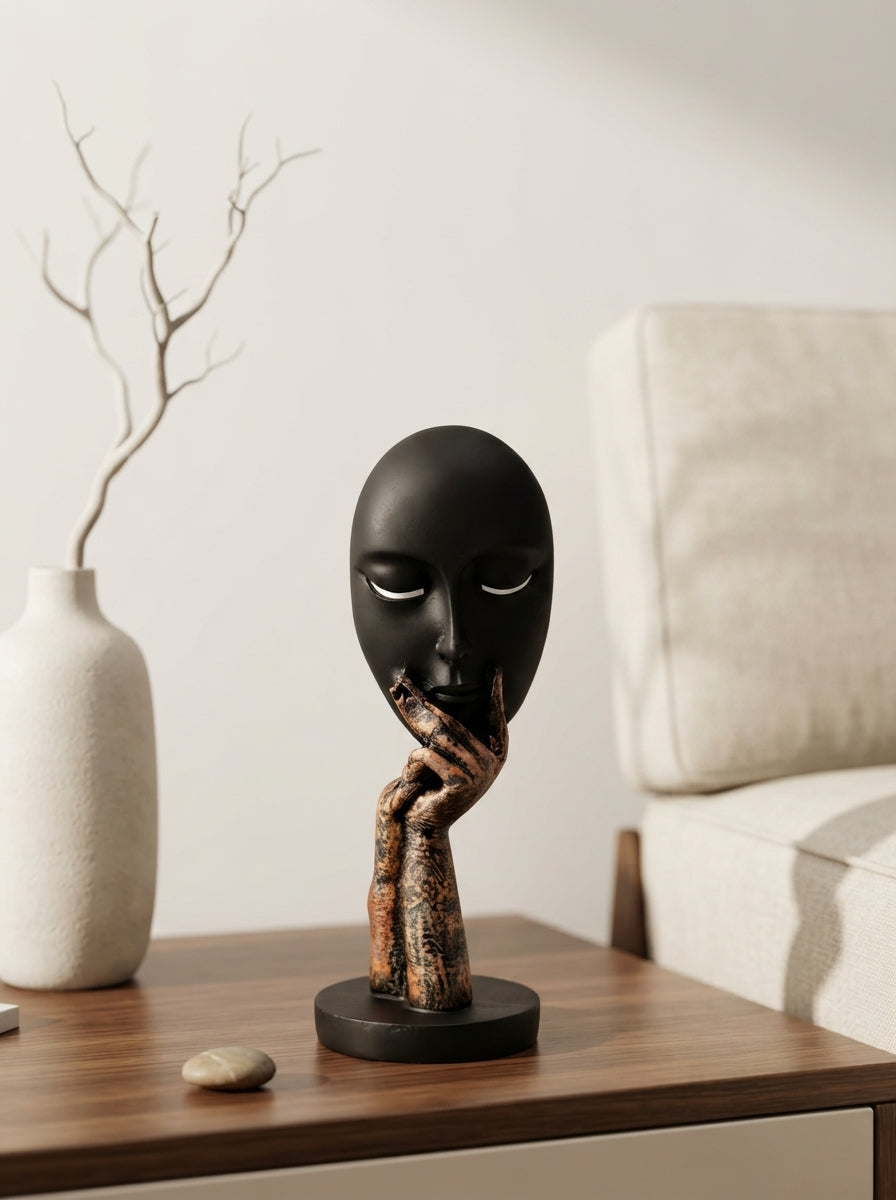 Thinking Face Statue with Hand | Black Modern Mask Decor