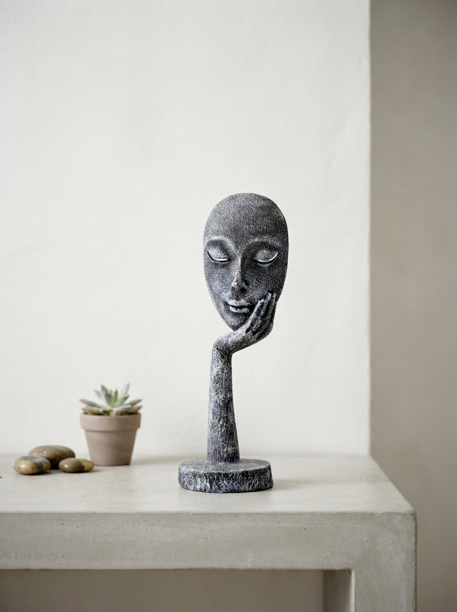 Resting Face Statue on Hand 13” | Black Modern Mask Decor
