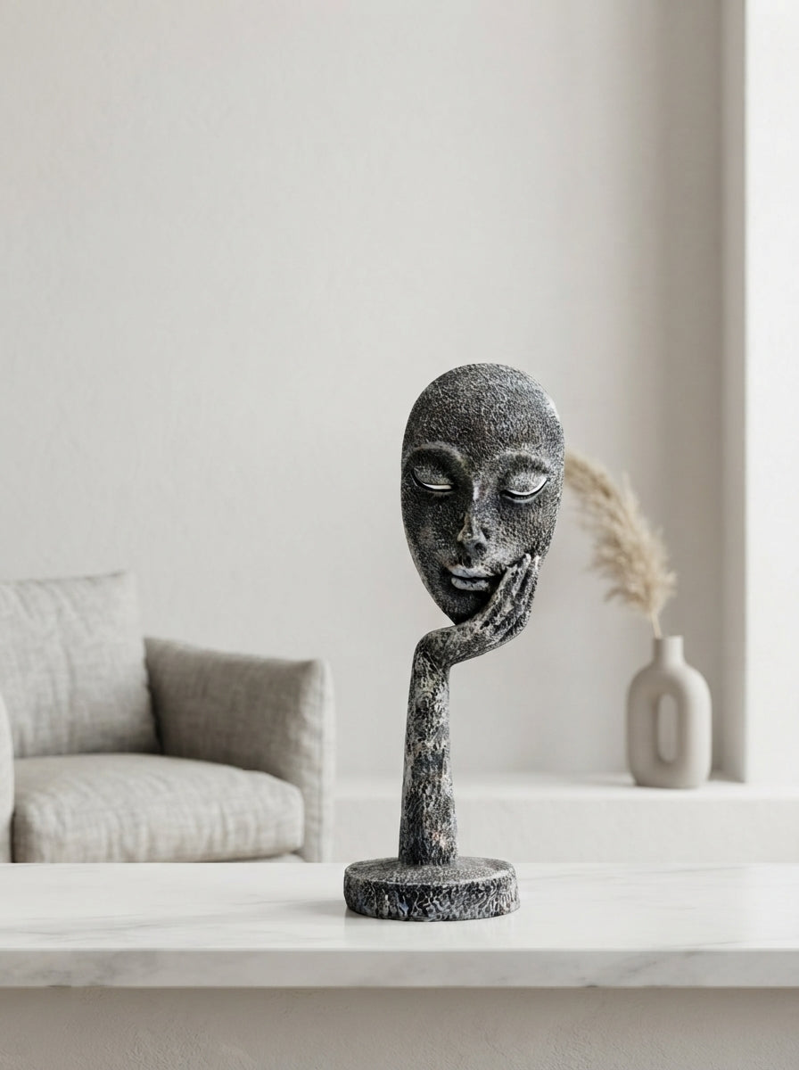 Resting Face Statue on Hand 13” | Black Modern Mask Decor