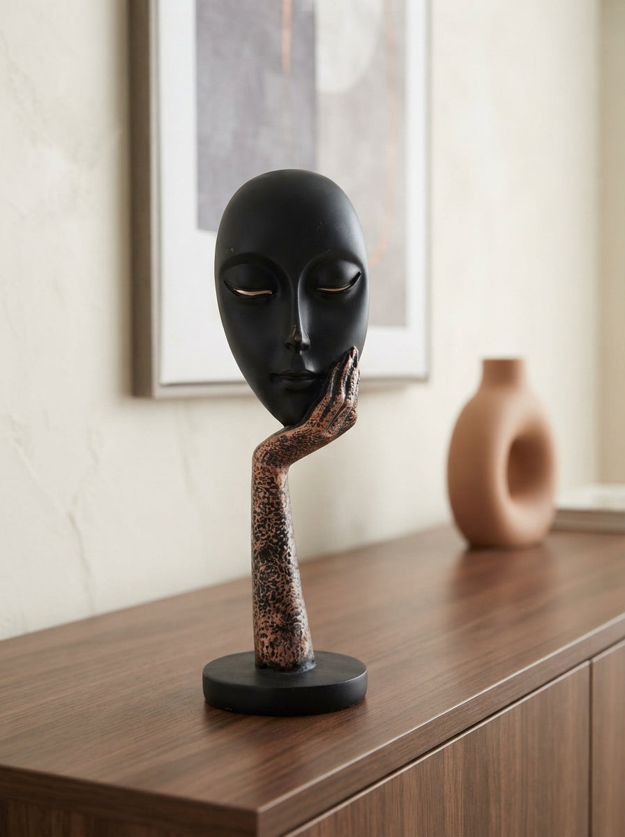 Resting Face Statue on Hand 13” | Black Modern Mask Decor