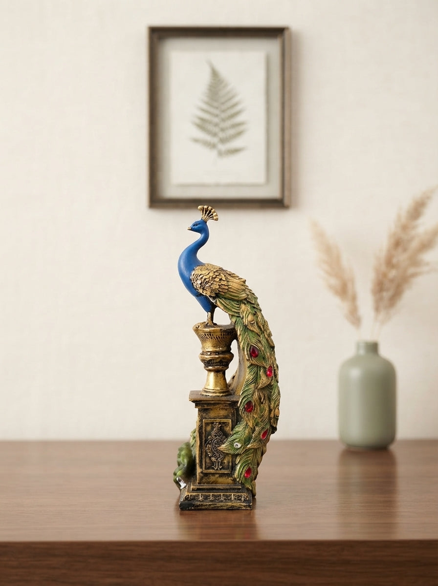 Peacock on Pillar Statue | Blue Gold Bejeweled Figurine