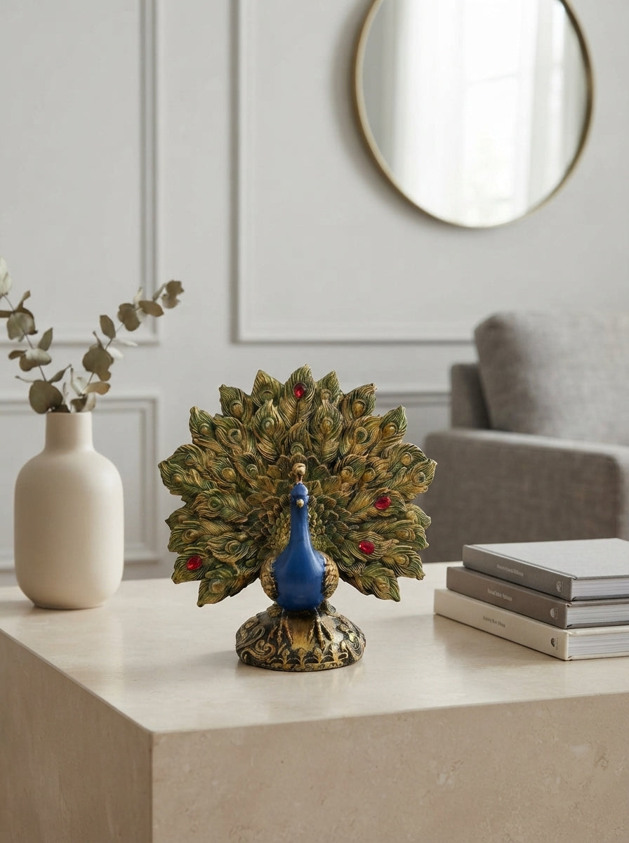 Peacock Statue Fanned Feathers | Blue Gold Jeweled Figurine