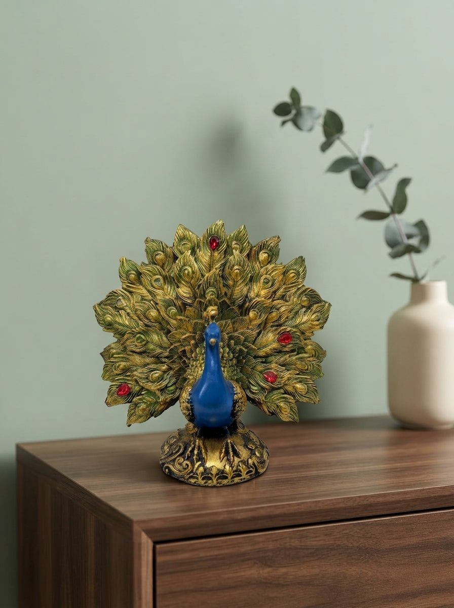 Peacock Statue Fanned Feathers | Blue Gold Jeweled Figurine