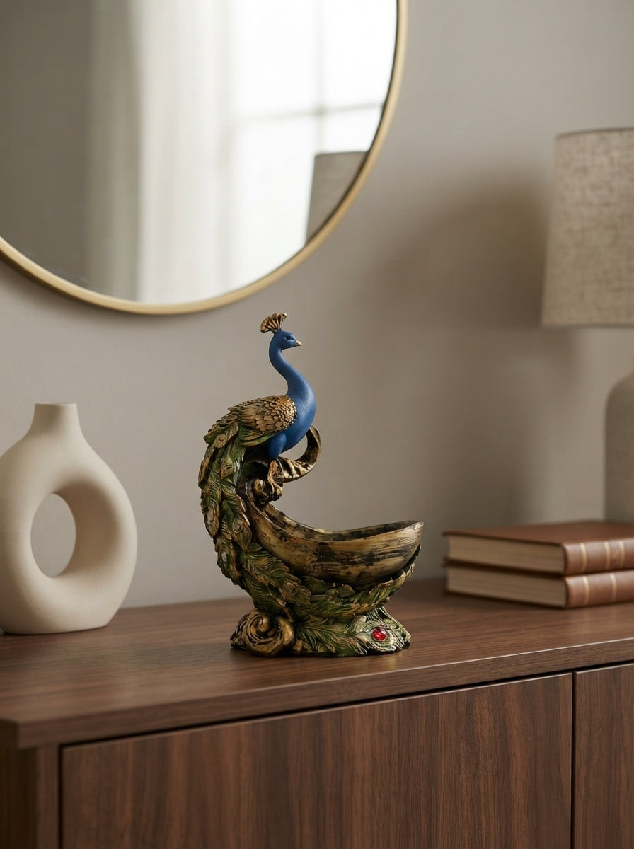 Peacock Trinket Bowl Statue | Blue Gold Decorative Dish
