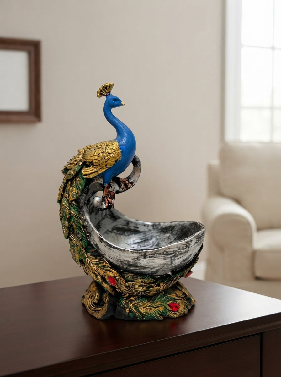 Peacock Trinket Bowl Statue | Blue Gold Decorative Dish