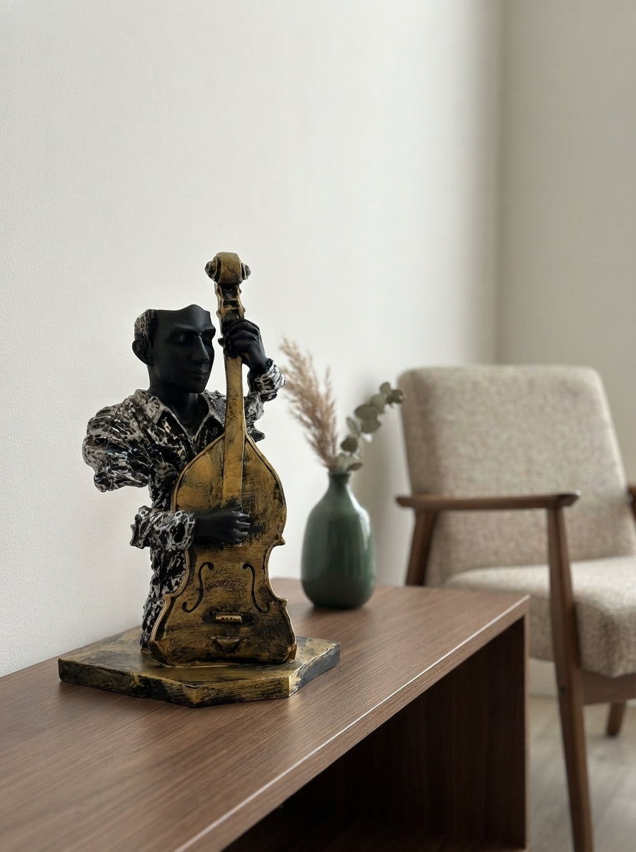 Double Bass Player Statue | Black Silver Musician Bust