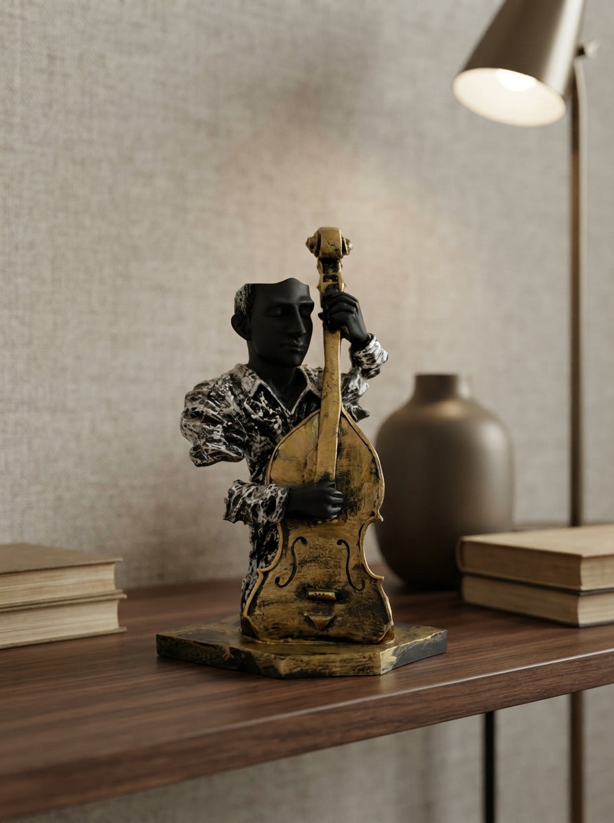 Double Bass Player Statue | Black Silver Musician Bust