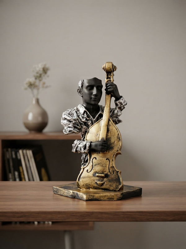 Double Bass Player Statue | Black Silver Musician Bust