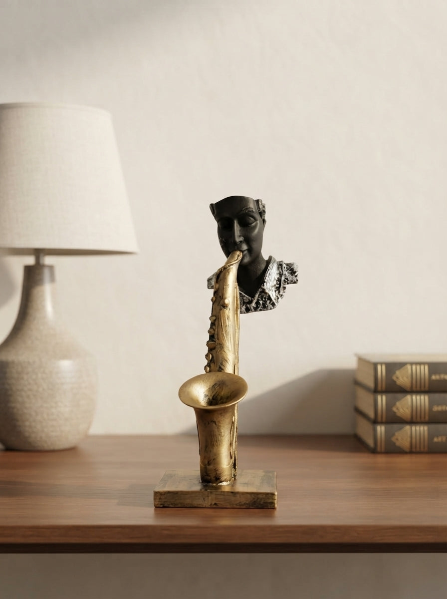 Saxophone Player Statue | Black Silver Musician Bust Decor