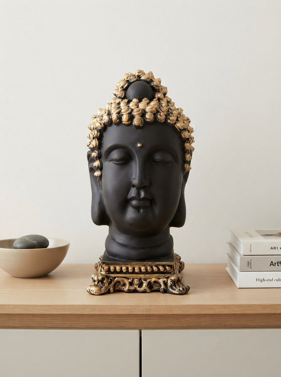 Buddha Head Bust Statue 14.5" | Black Gold Ornate Base Decor