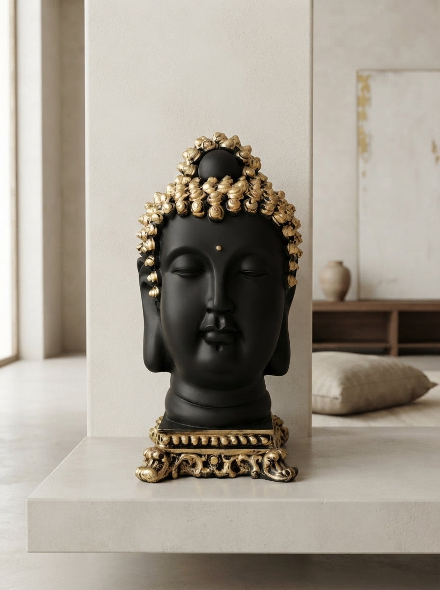 Buddha Head Bust Statue 14.5" | Black Gold Ornate Base Decor