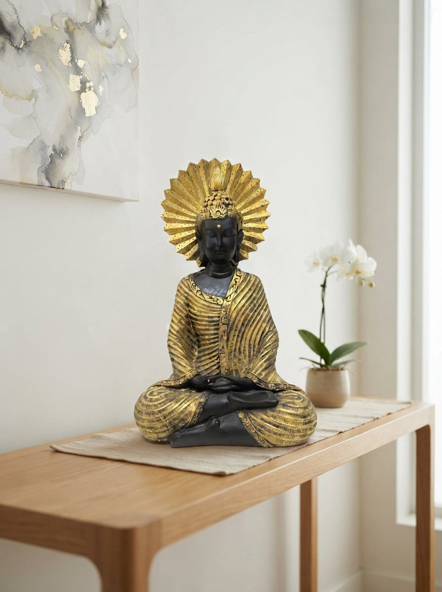 Buddha Statue Dhyana Mudra Halo | Black Gold Meditation Decor