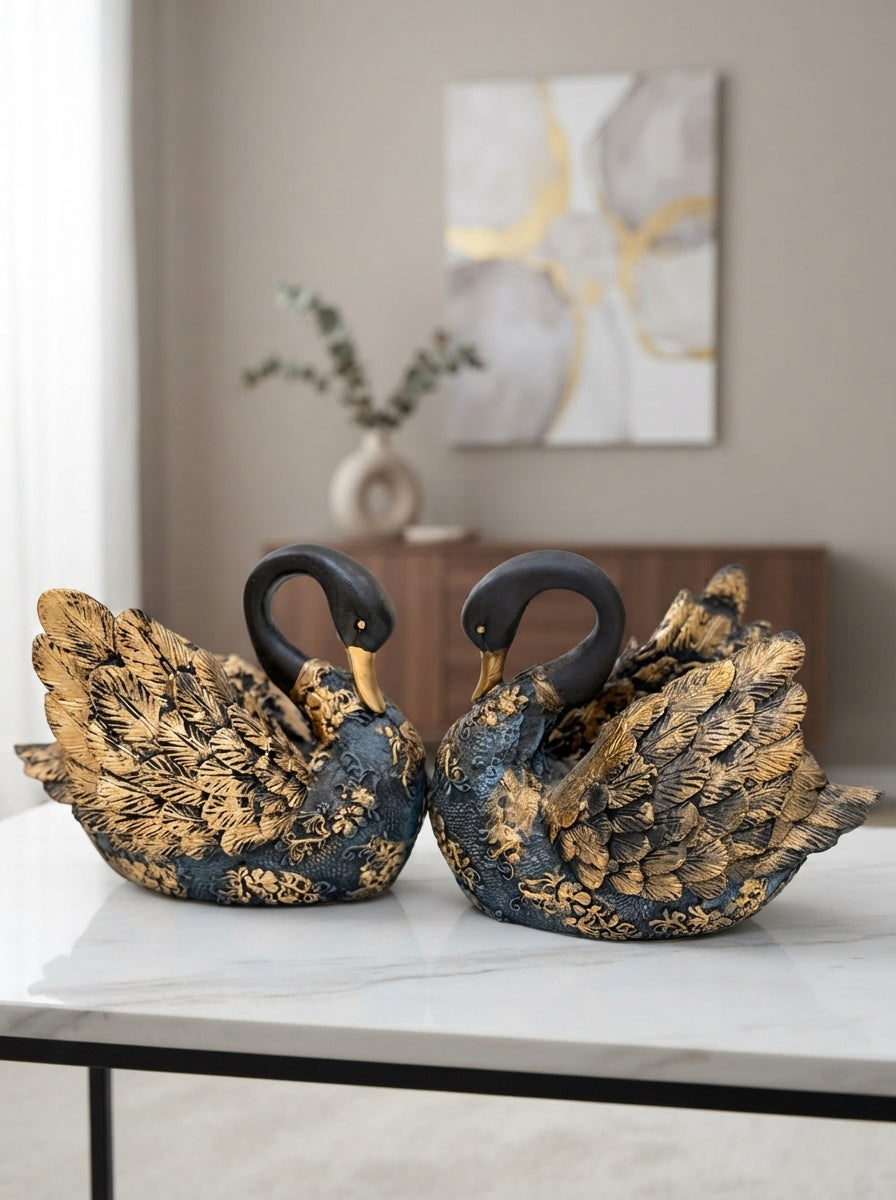 Black Gold Swan Statue Set of 2 | Ornate Damask Figurine