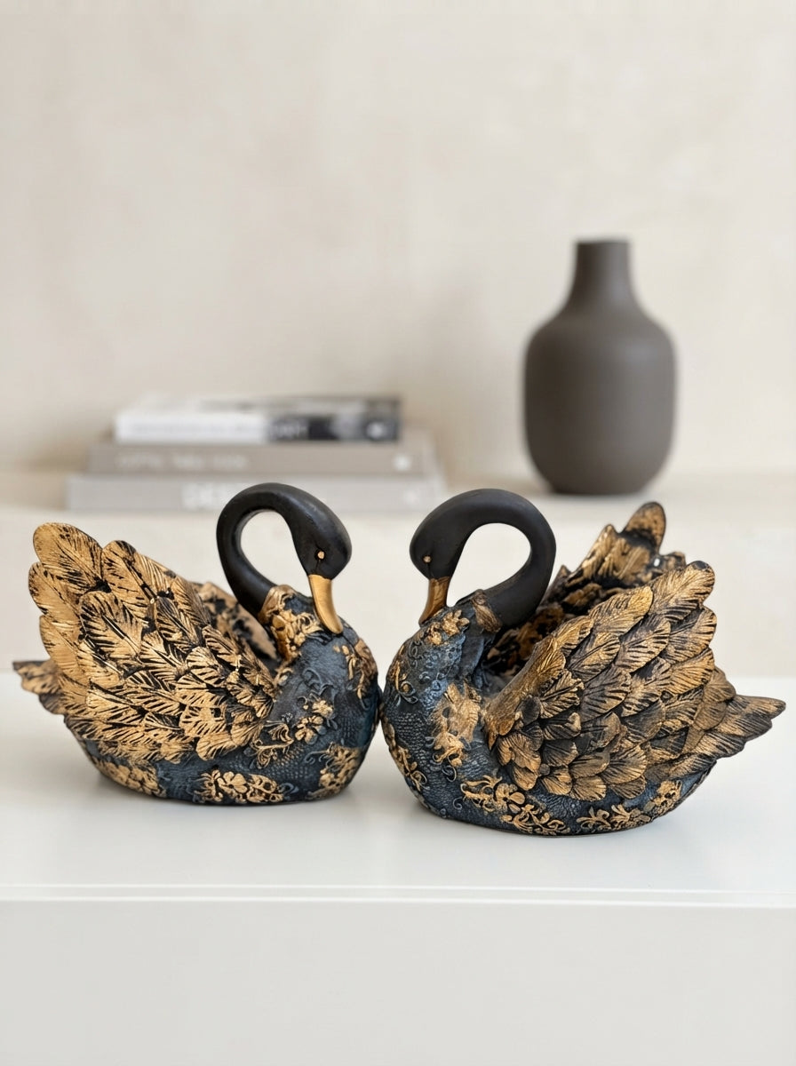 Black Gold Swan Statue Set of 2 | Ornate Damask Figurine