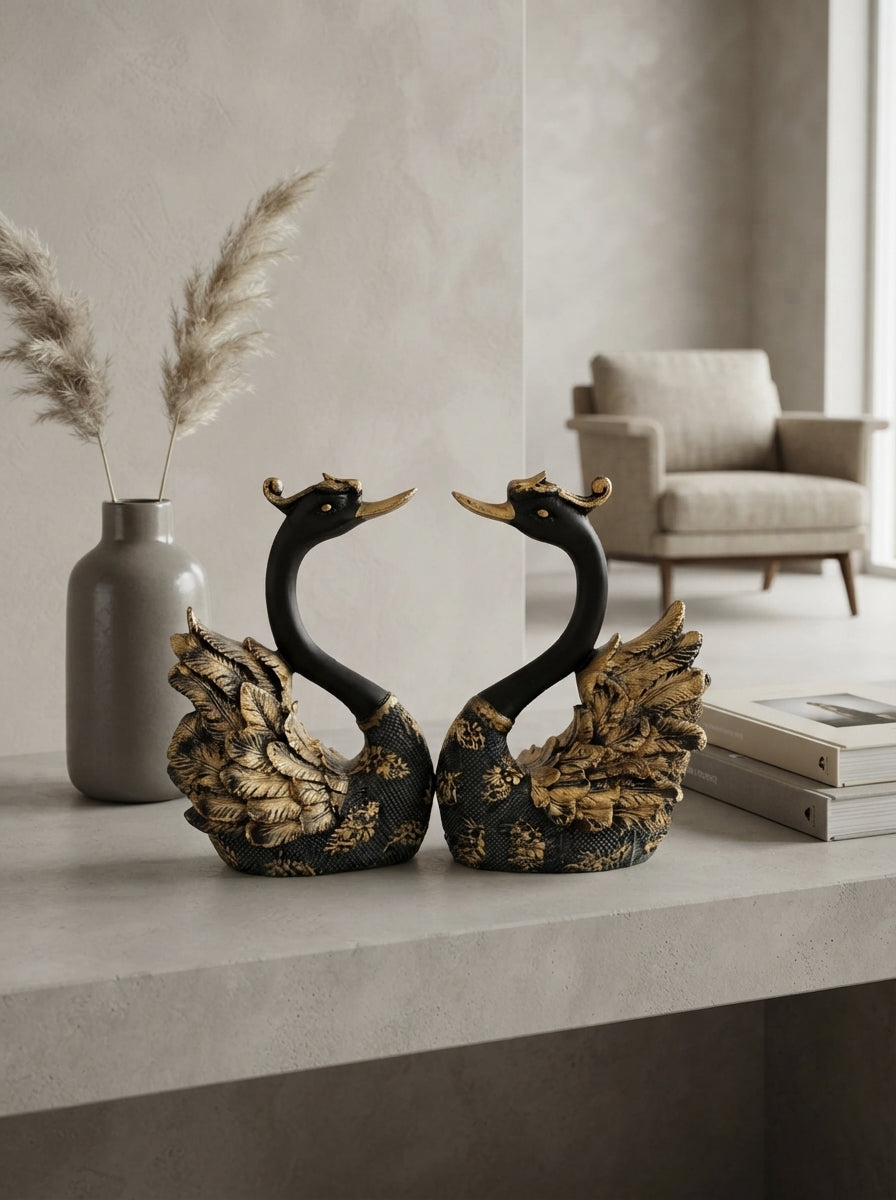 Black Gold Swan Statue Set of 2 | Long Neck Elegant Figurine