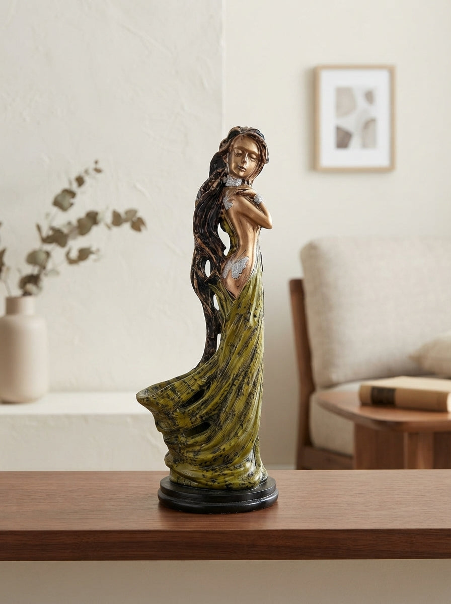 Woman Figurine Vase Statue 18.5" | Bronze Gold Flowing Gown Decor
